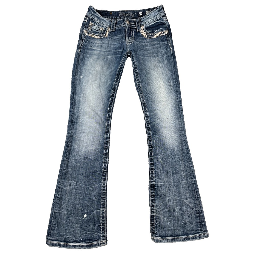 Miss Me Women's Jeans Size 27 Blue Boot Cut Embellished Rhinestone Flap Pockets